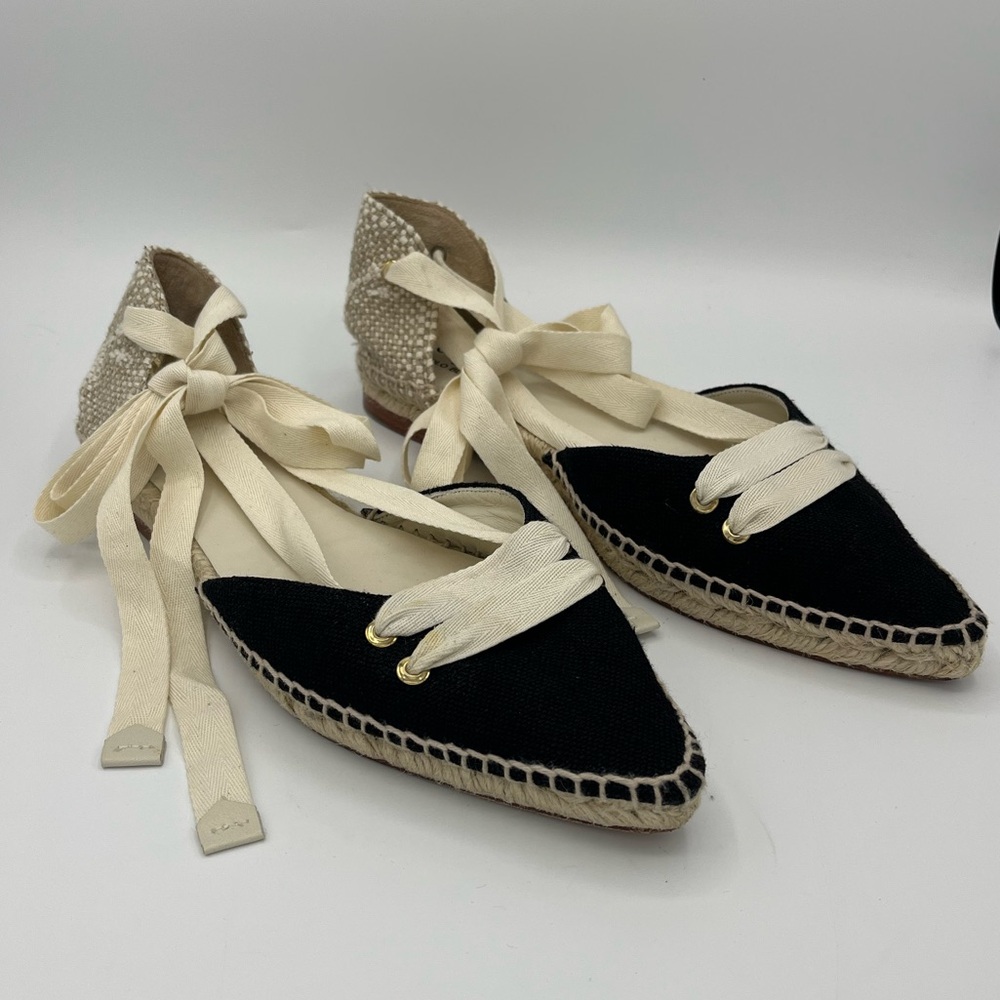 Manolo Blahnik Black and Cream Espadrille Lace-Up Flats - Picture 2 of 8